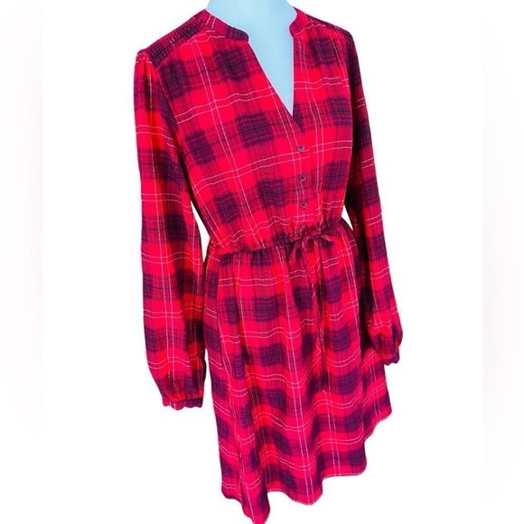 Knox Rose Long Sleeve Split Neck Plaid A Line Belted Dress in Red Plaid Size XS - Picture 7 of 8